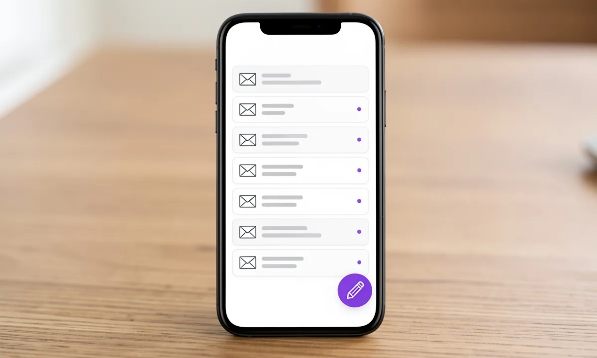 示意图:手机上的邮件 App 收件箱,一封封邮件,未读的带小圆点